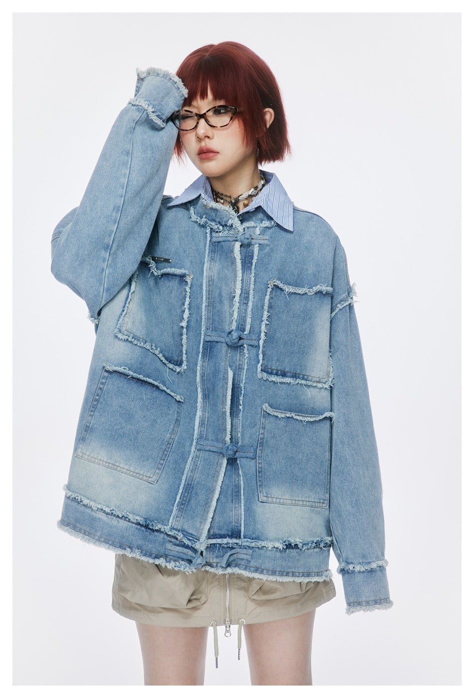 Distressed Denim Chambray Jacket on Sale - Men's and Women's Long Sleeve Vintage Style with Patch Pockets - Seakoff