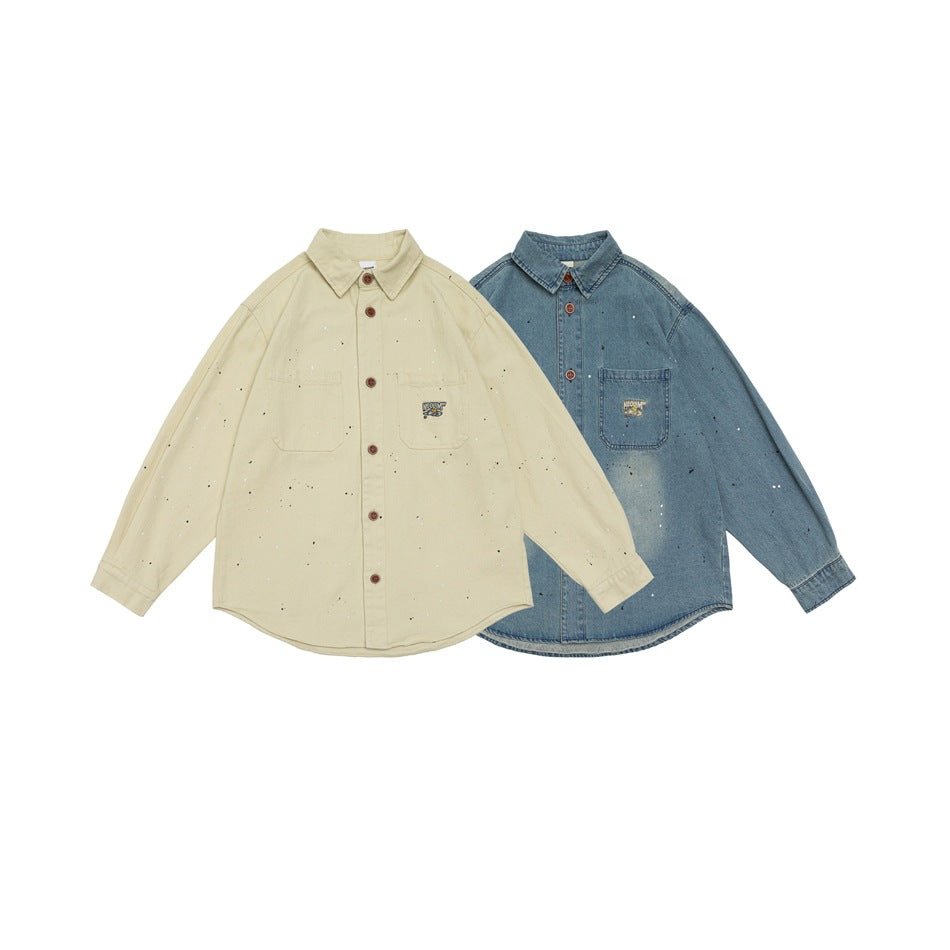 Distressed Denim Chambray Shirt on Sale - Men's and Women's Long Sleeve Vintage Style with Paint Splatter - Seakoff