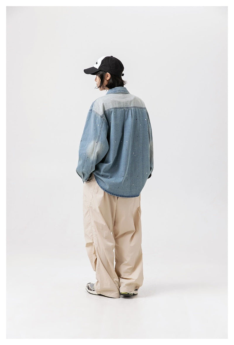 Distressed Denim Chambray Shirt on Sale - Men's and Women's Long Sleeve Vintage Style with Paint Splatter - Seakoff