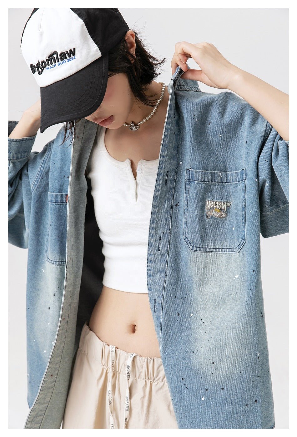 Distressed Denim Chambray Shirt on Sale - Men's and Women's Long Sleeve Vintage Style with Paint Splatter - Seakoff