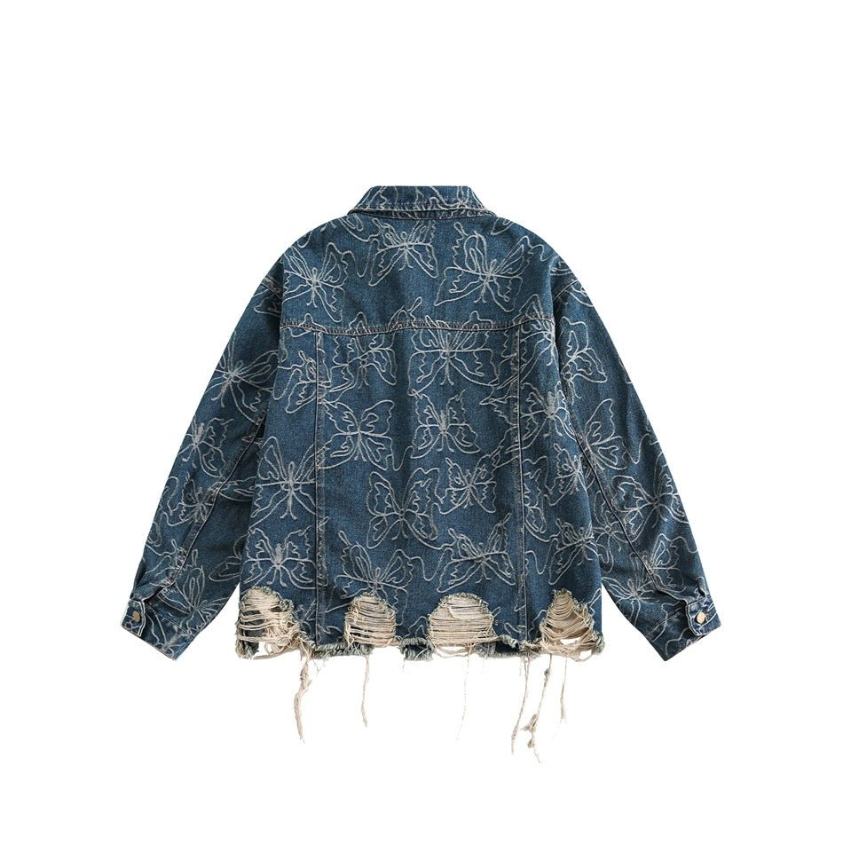 Distressed Floral Denim Chambray Jacket on Sale - Men's and Women's Long Sleeve Vintage Style - Seakoff