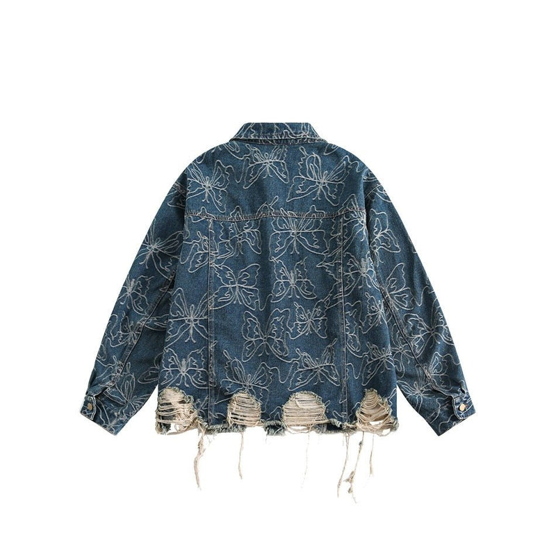 Distressed Floral Denim Chambray Jacket on Sale - Men's and Women's Long Sleeve Vintage Style - Seakoff