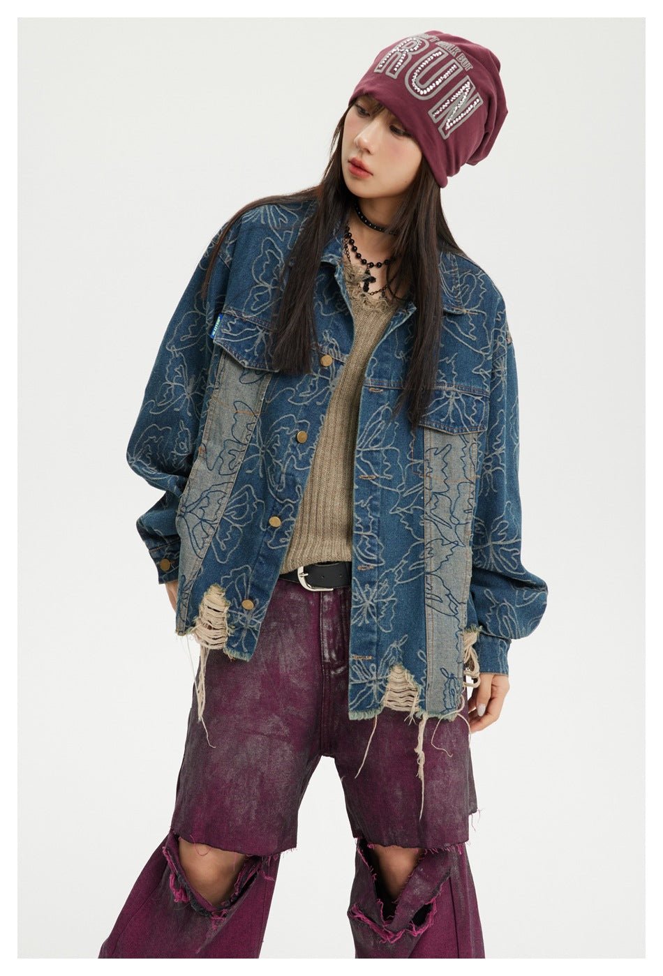 Distressed Floral Denim Chambray Jacket on Sale - Men's and Women's Long Sleeve Vintage Style - Seakoff