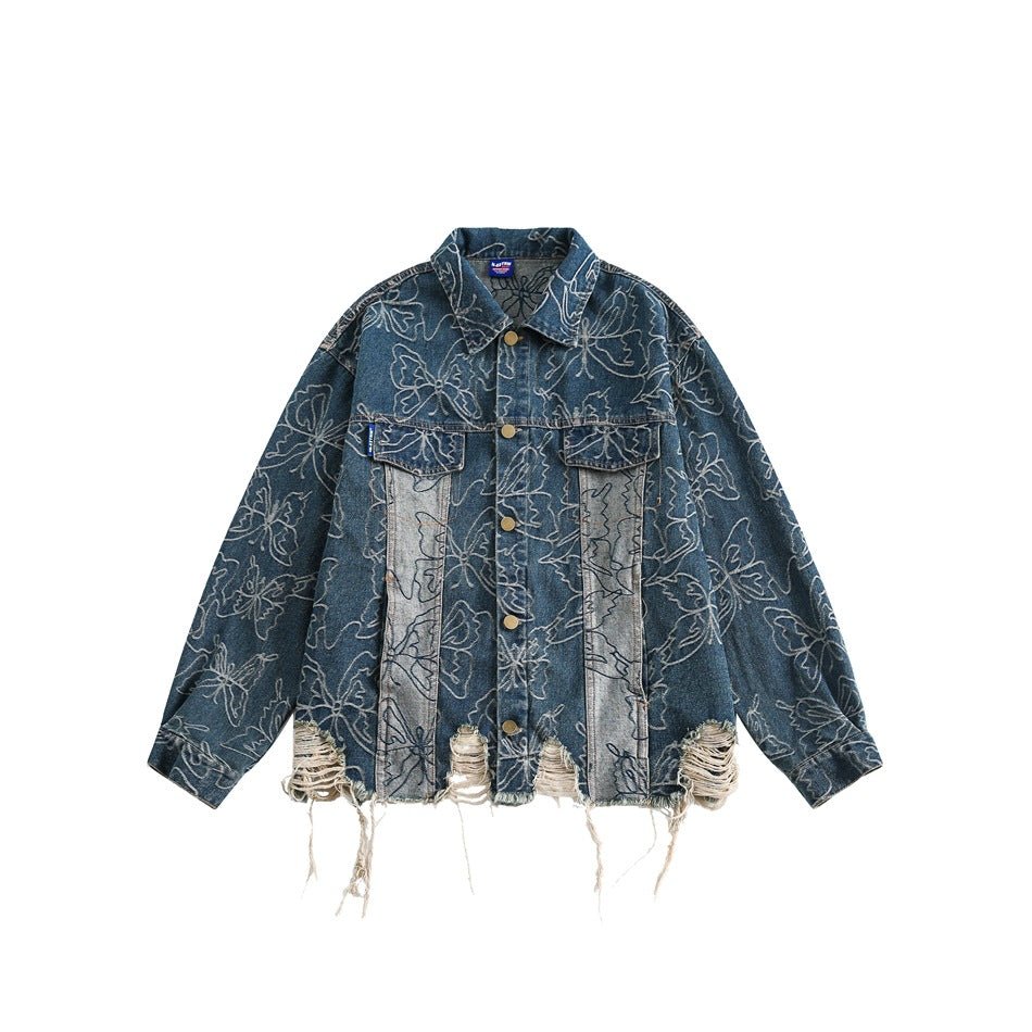 Distressed Floral Denim Chambray Jacket on Sale - Men's and Women's Long Sleeve Vintage Style - Seakoff
