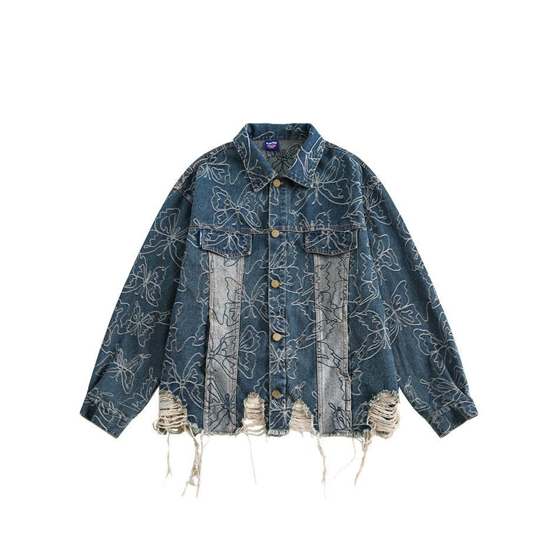 Distressed Floral Denim Chambray Jacket on Sale - Men's and Women's Long Sleeve Vintage Style - Seakoff