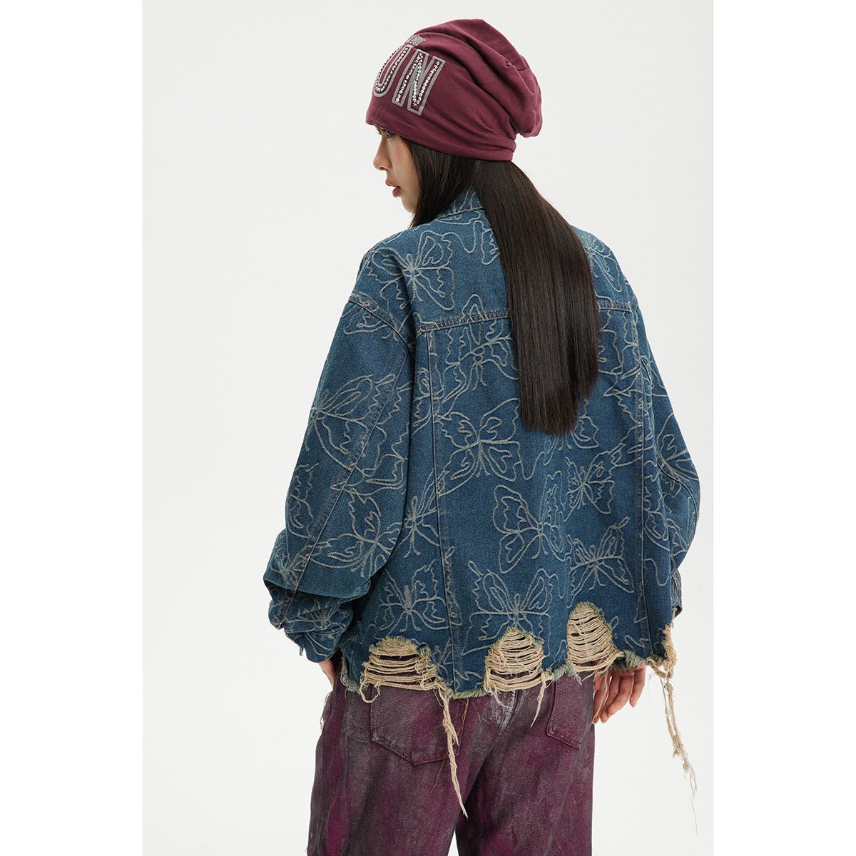 Distressed Floral Denim Chambray Jacket on Sale - Men's and Women's Long Sleeve Vintage Style - Seakoff