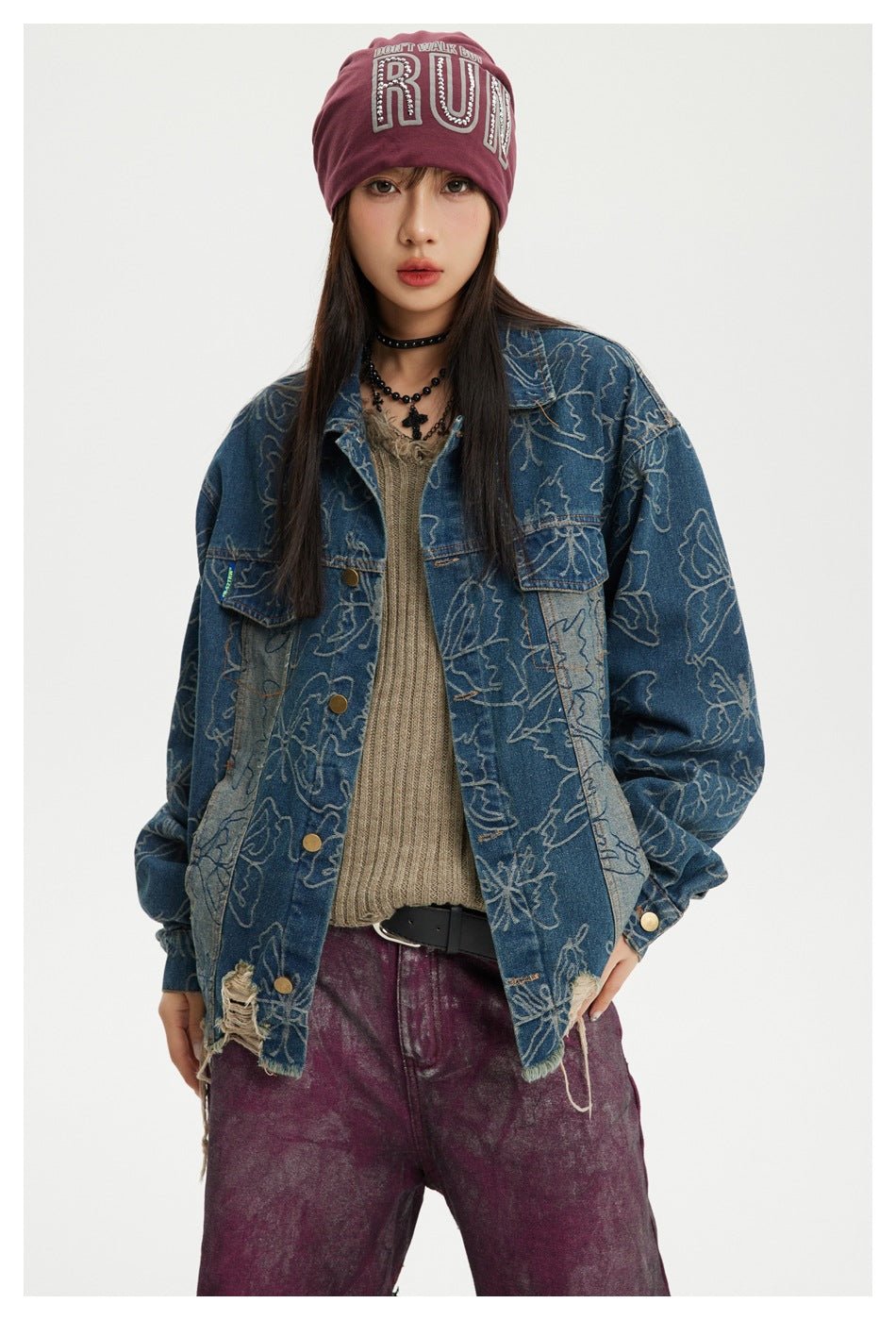 Distressed Floral Denim Chambray Jacket on Sale - Men's and Women's Long Sleeve Vintage Style - Seakoff