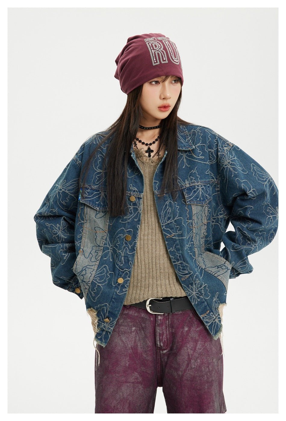 Distressed Floral Denim Chambray Jacket on Sale - Men's and Women's Long Sleeve Vintage Style - Seakoff