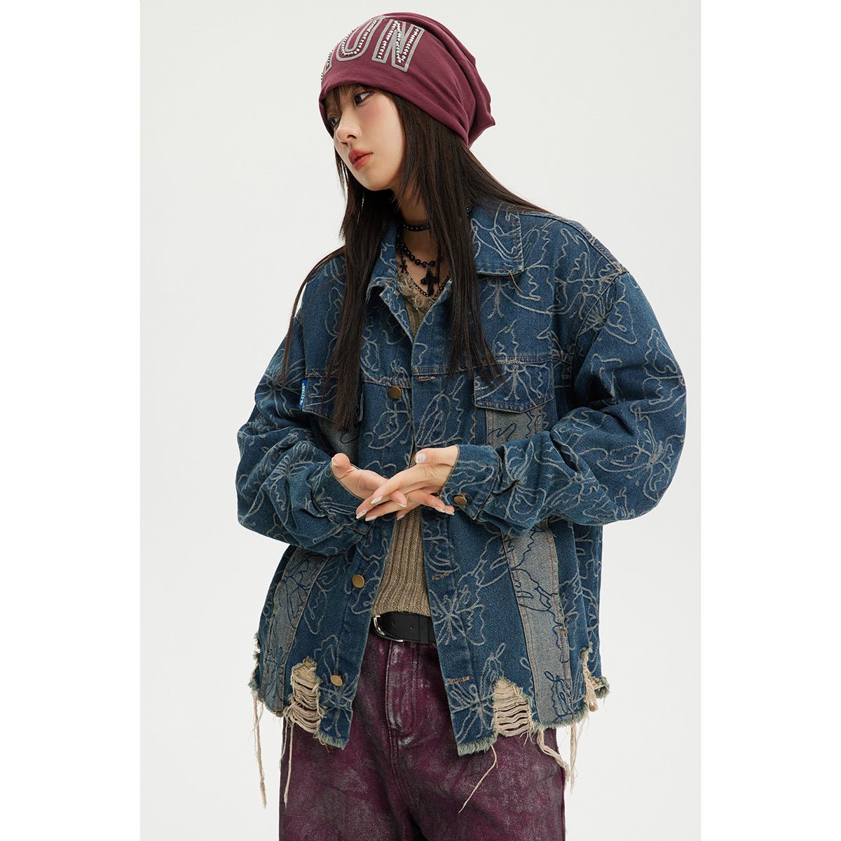 Distressed Floral Denim Chambray Jacket on Sale - Men's and Women's Long Sleeve Vintage Style - Seakoff