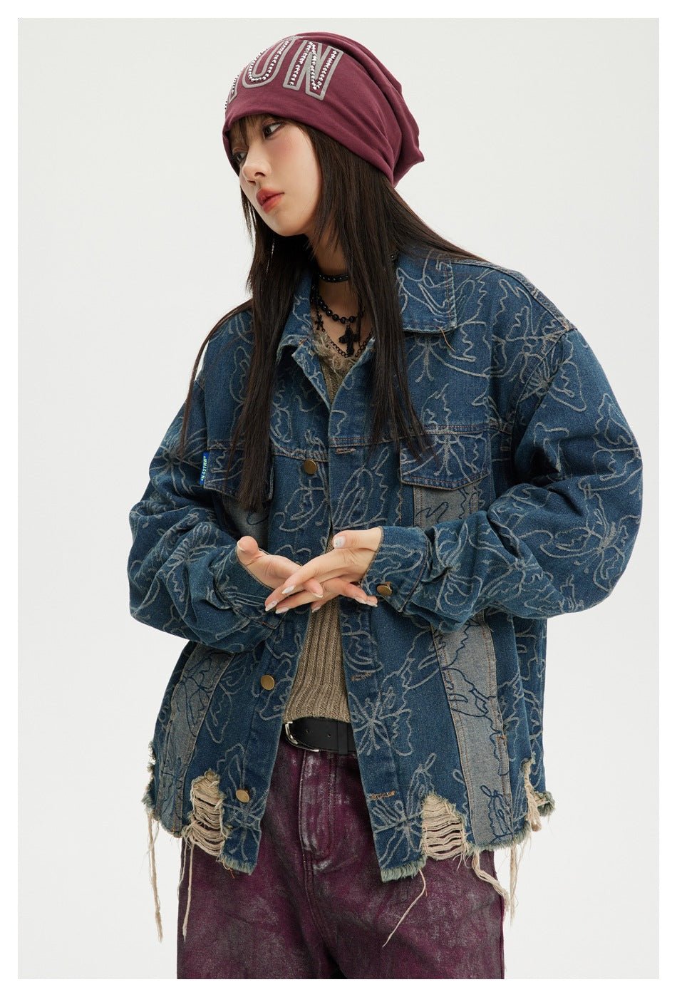 Distressed Floral Denim Chambray Jacket on Sale - Men's and Women's Long Sleeve Vintage Style - Seakoff