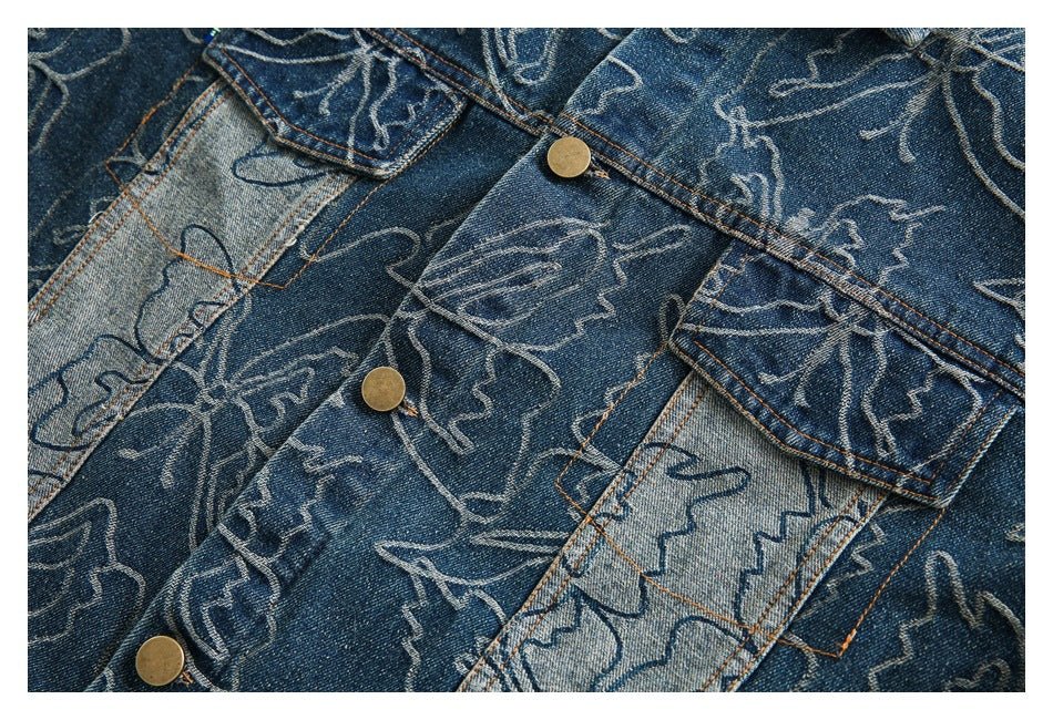Distressed Floral Denim Chambray Jacket on Sale - Men's and Women's Long Sleeve Vintage Style - Seakoff