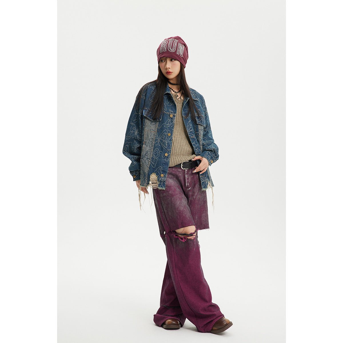 Distressed Floral Denim Chambray Jacket on Sale - Men's and Women's Long Sleeve Vintage Style - Seakoff