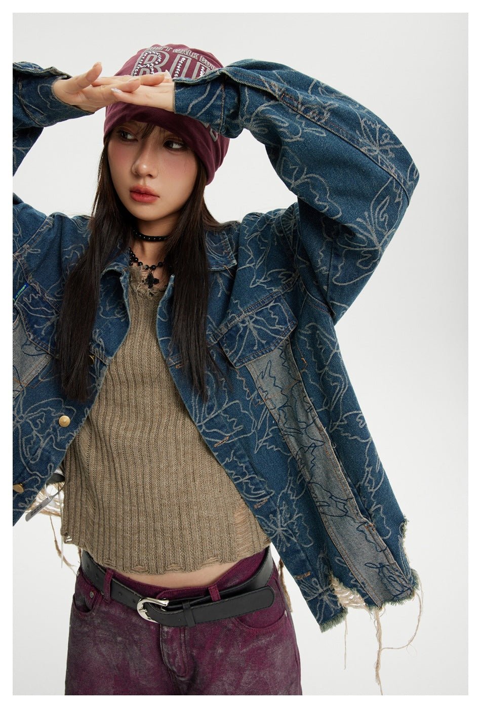 Distressed Floral Denim Chambray Jacket on Sale - Men's and Women's Long Sleeve Vintage Style - Seakoff