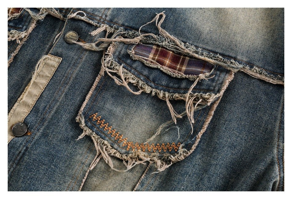 Distressed Plaid Denim Chambray Jacket on Sale - Men's and Women's Long Sleeve Vintage Style - Seakoff