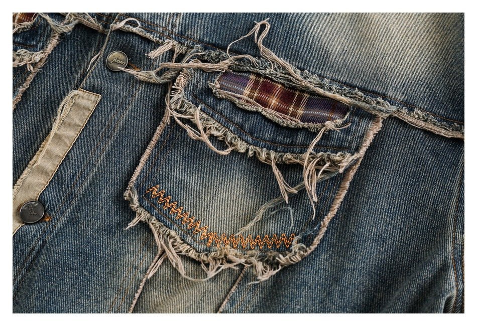 Distressed Plaid Denim Chambray Jacket on Sale - Men&