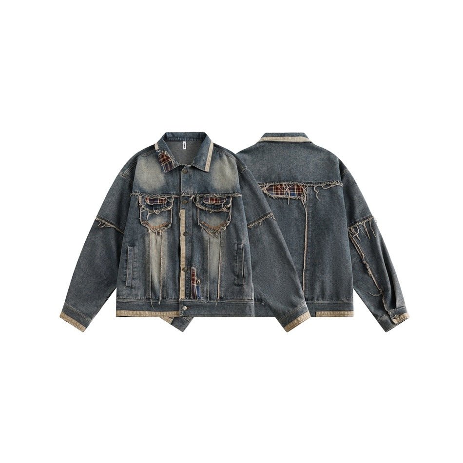 Distressed Plaid Denim Chambray Jacket on Sale - Men's and Women's Long Sleeve Vintage Style - Seakoff