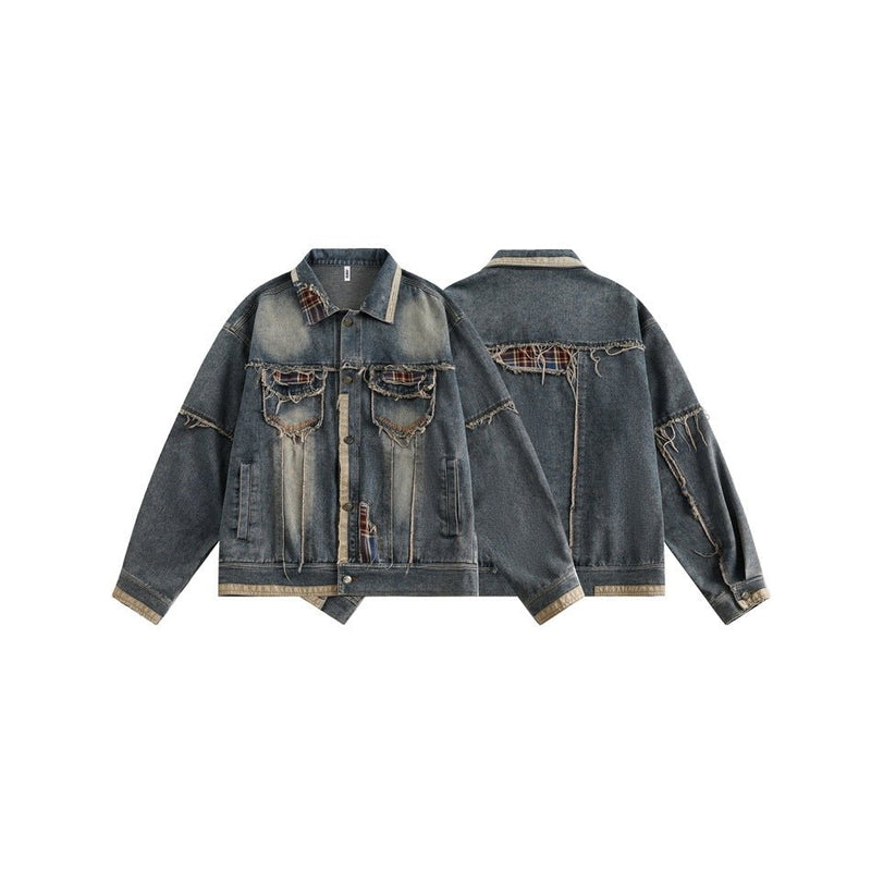 Distressed Plaid Denim Chambray Jacket on Sale - Men's and Women's Long Sleeve Vintage Style - Seakoff