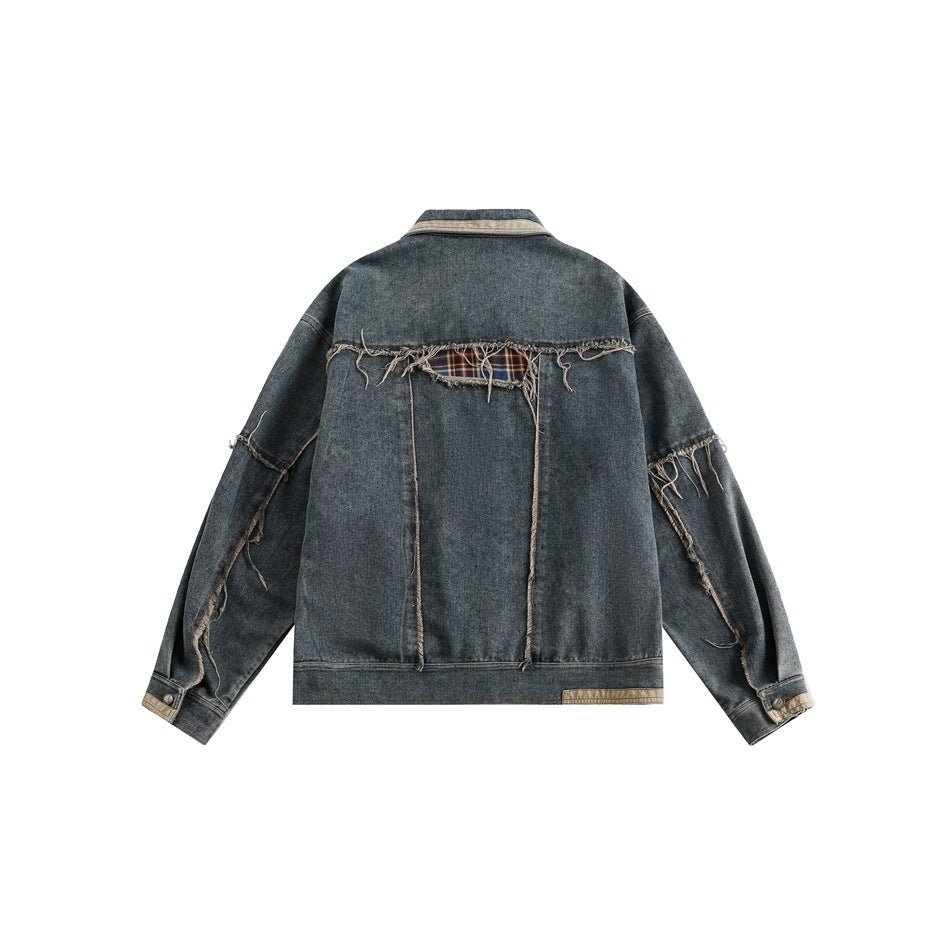 Distressed Plaid Denim Chambray Jacket on Sale - Men's and Women's Long Sleeve Vintage Style - Seakoff