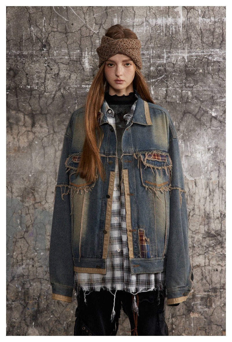 Distressed Plaid Denim Chambray Jacket on Sale - Men's and Women's Long Sleeve Vintage Style - Seakoff