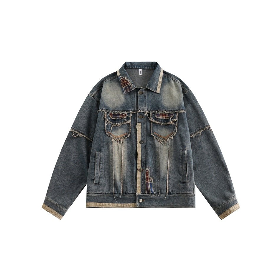 Distressed Plaid Denim Chambray Jacket on Sale - Men's and Women's Long Sleeve Vintage Style - Seakoff