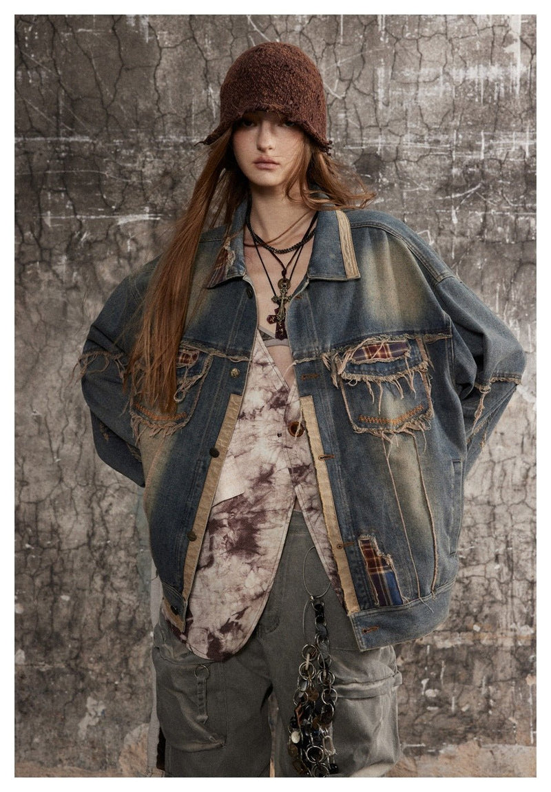 Distressed Plaid Denim Chambray Jacket on Sale - Men's and Women's Long Sleeve Vintage Style - Seakoff