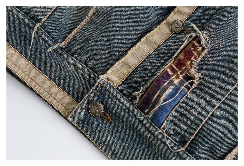 Distressed Plaid Denim Chambray Jacket on Sale - Men's and Women's Long Sleeve Vintage Style - Seakoff