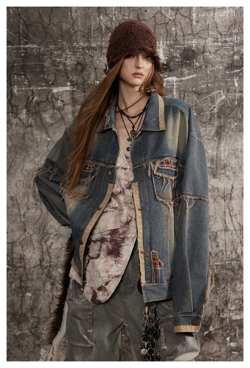 Distressed Plaid Denim Chambray Jacket on Sale - Men's and Women's Long Sleeve Vintage Style - Seakoff