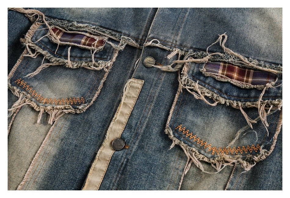 Distressed Plaid Denim Chambray Jacket on Sale - Men's and Women's Long Sleeve Vintage Style - Seakoff