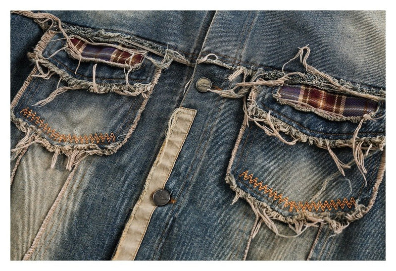 Distressed Plaid Denim Chambray Jacket on Sale - Men's and Women's Long Sleeve Vintage Style - Seakoff