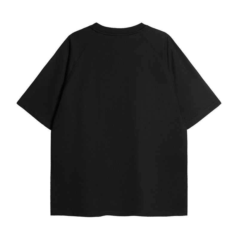 Black raglan graphic tee with oversized sleeves and a clean minimalist back, shown flat on a white background