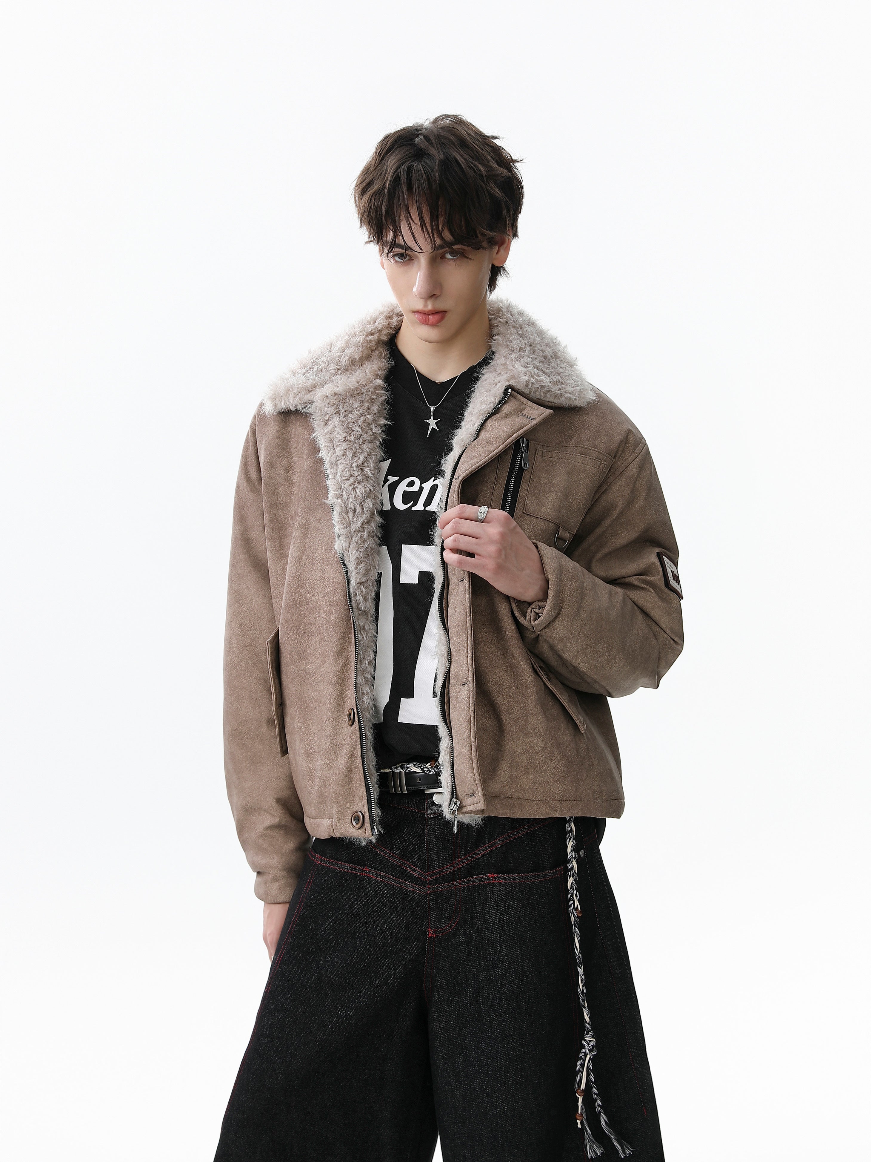 Faux Shearling Collar PU Jacket | Vintage Workwear Style