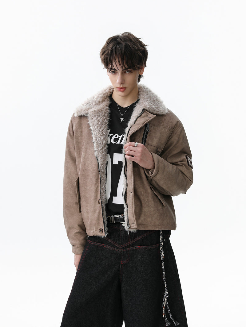 Faux Shearling Collar PU Jacket | Vintage Workwear Style