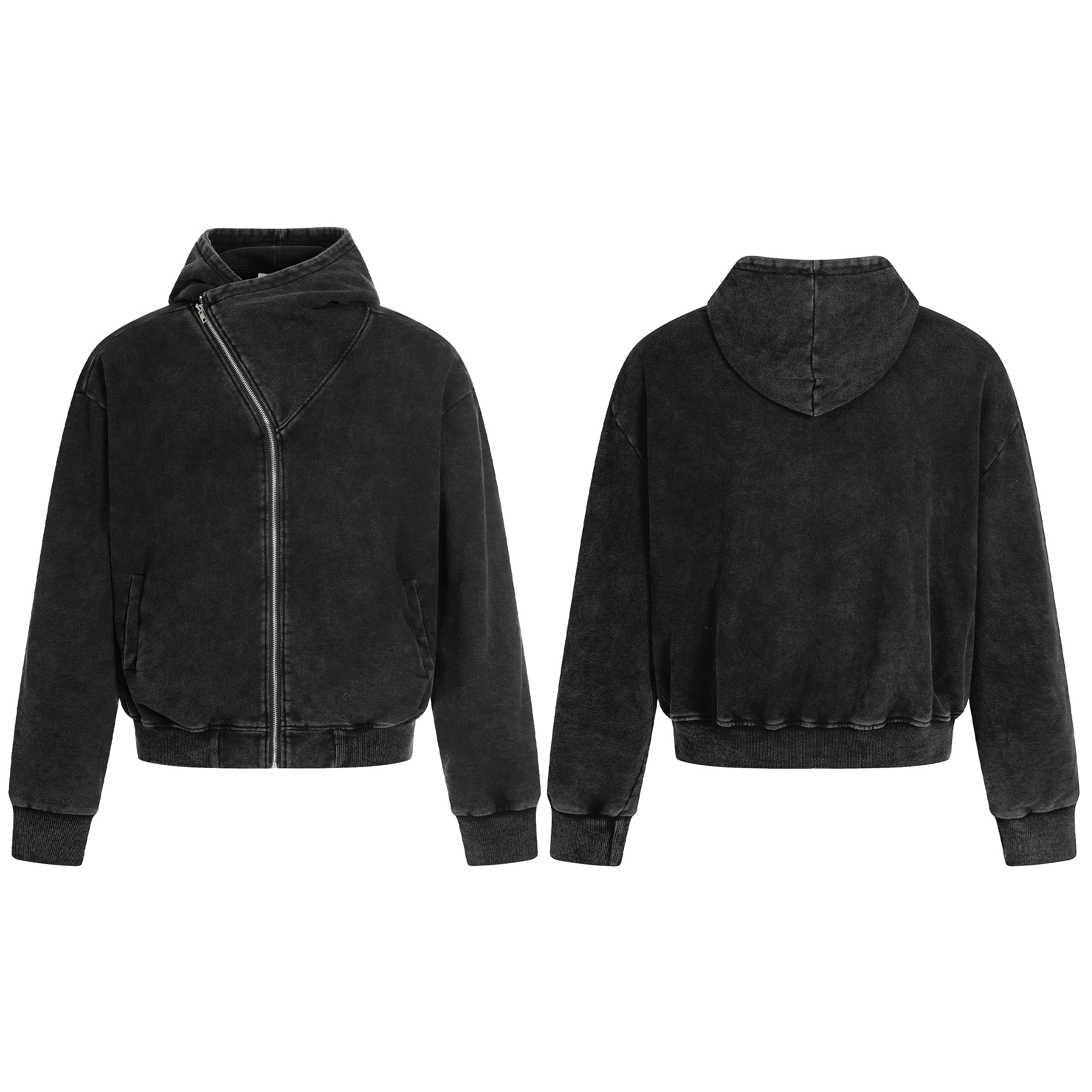 Front and back view of a washed black asymmetric diagonal zip hoodie jacket with ribbed cuffs and kangaroo pockets