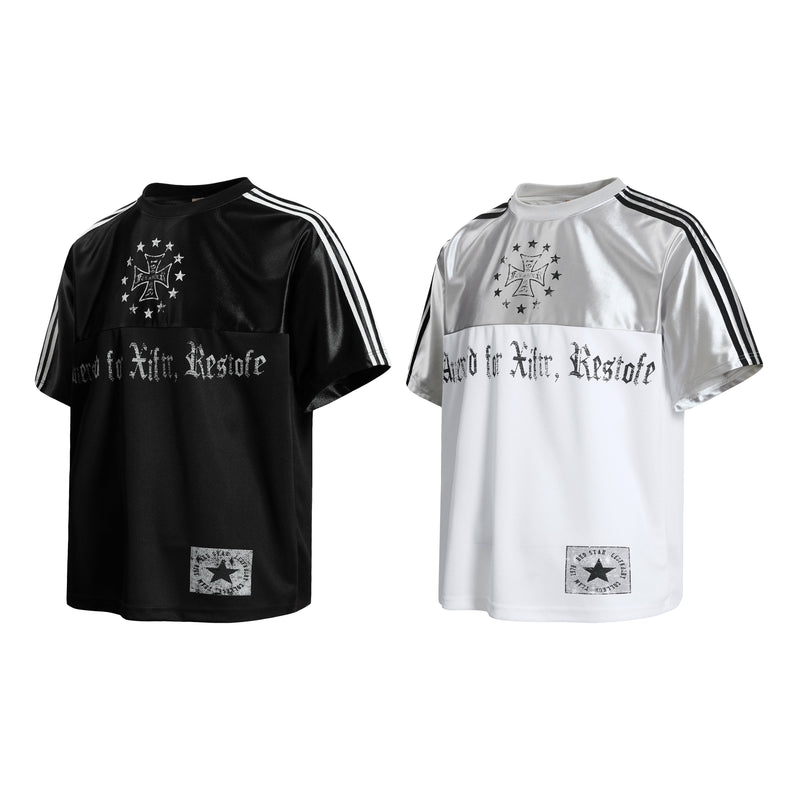 Black and white mesh sport tees with gothic cross graphics, stripes, and distressed streetwear lettering