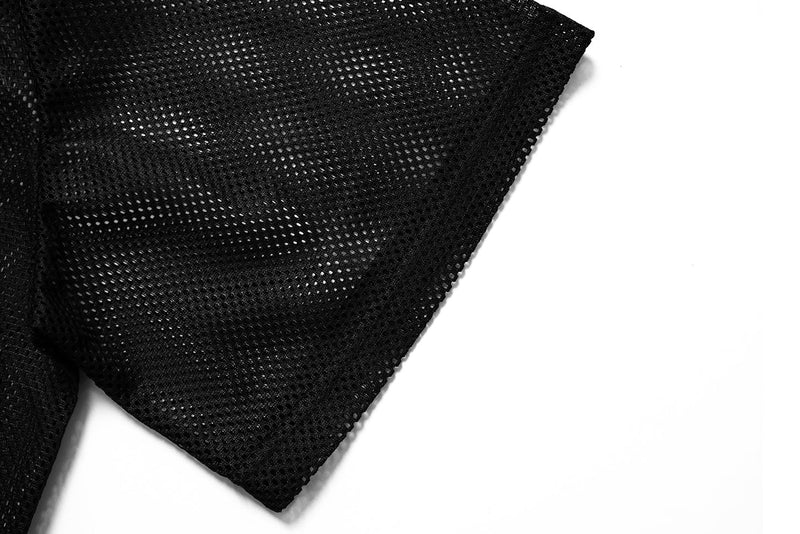 Black mesh athletic tee with multi-cross texture and boxy sleeve detail on a white background