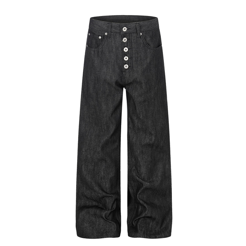 Black wide leg jeans with button fly, front view showing high waist and straight legs