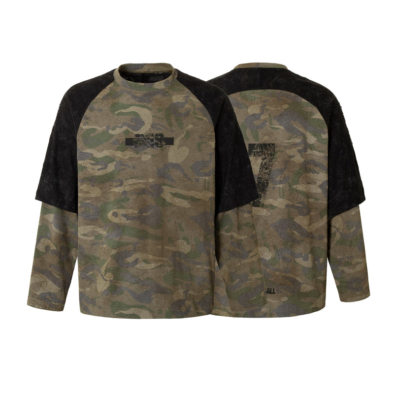 Front and back view of camo patchwork long sleeve tee with black raglan sleeves and chest graphic