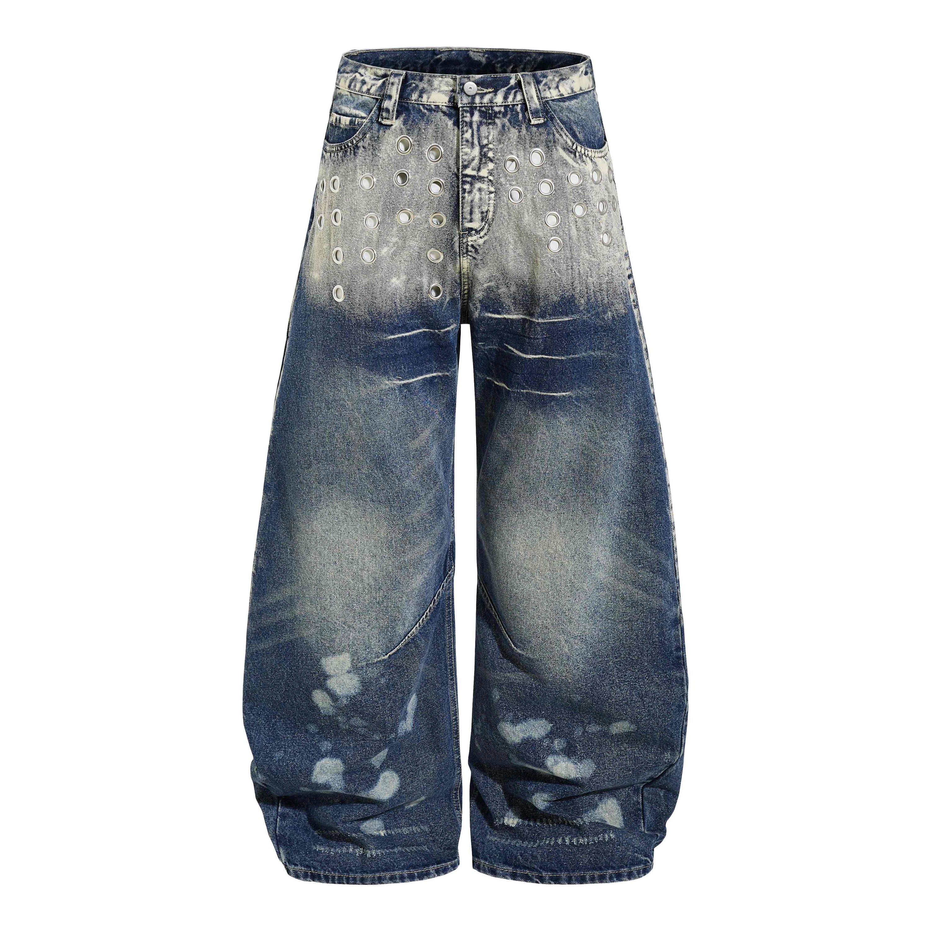 Omirad Grommet Washed Balloon Jeans | Distressed Wide-Leg Denim