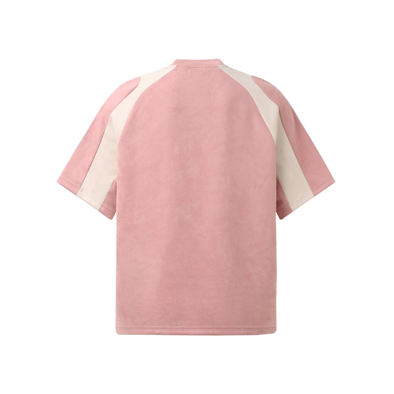 Pink suede panel T-shirt with cream raglan sleeves and a relaxed athletic streetwear fit