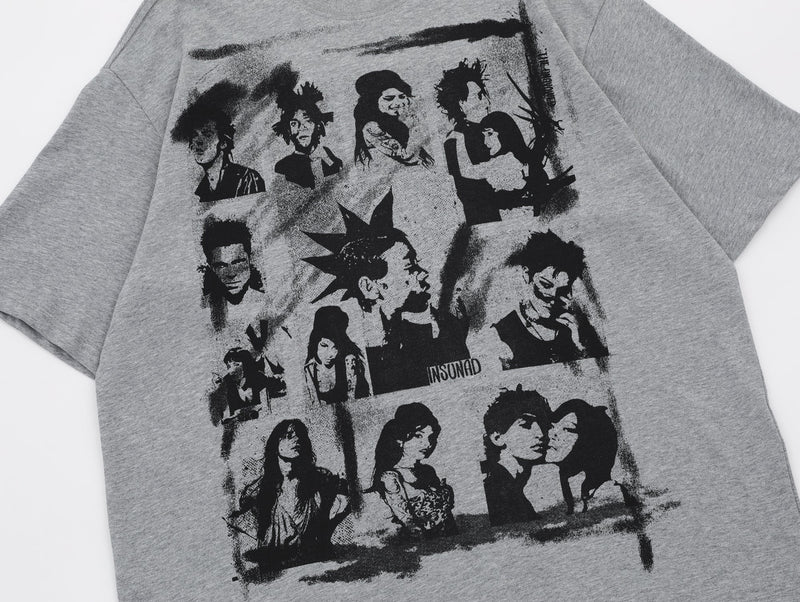 Gray oversized graphic tee with black collage-style portrait prints on the front and sleeves