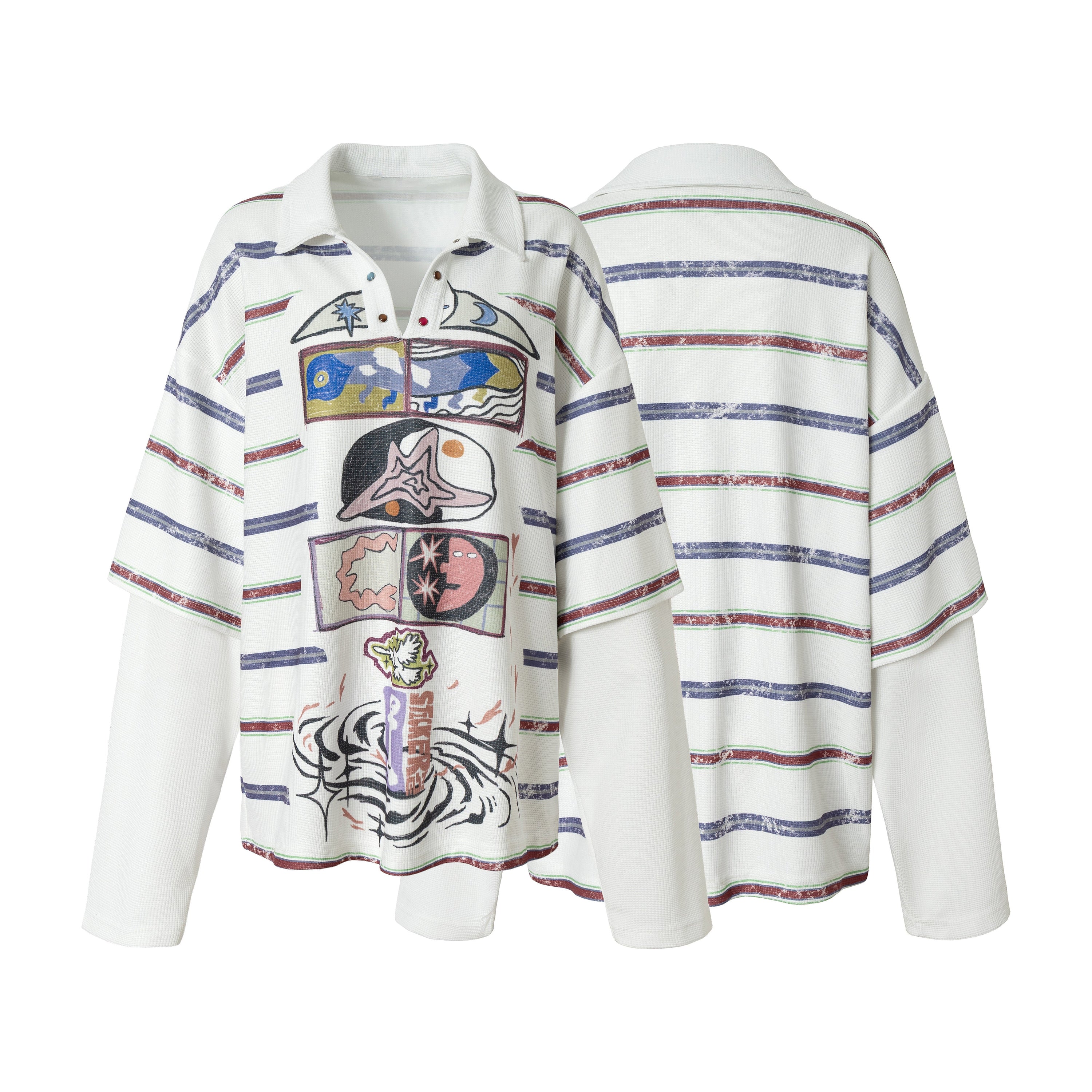 White striped long-sleeve polo shirt with abstract stacked graphic print on front, shown front and back view