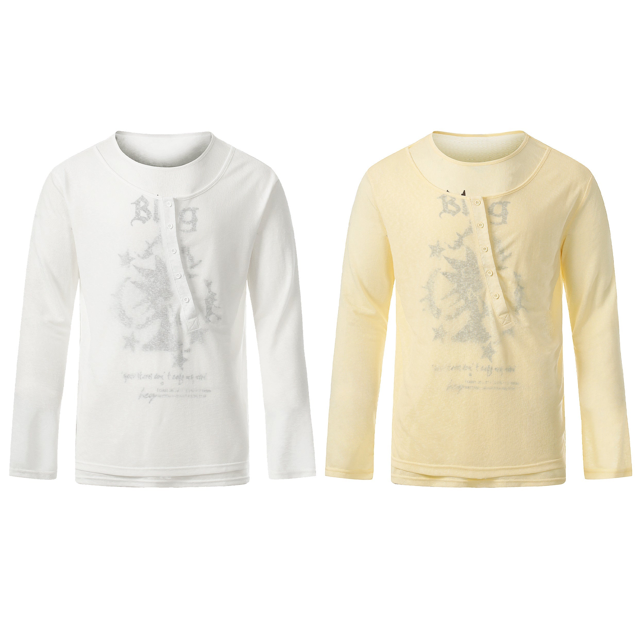 Two long sleeve Henley tees side by side in off-white and pale yellow with faded graphic print and button placket