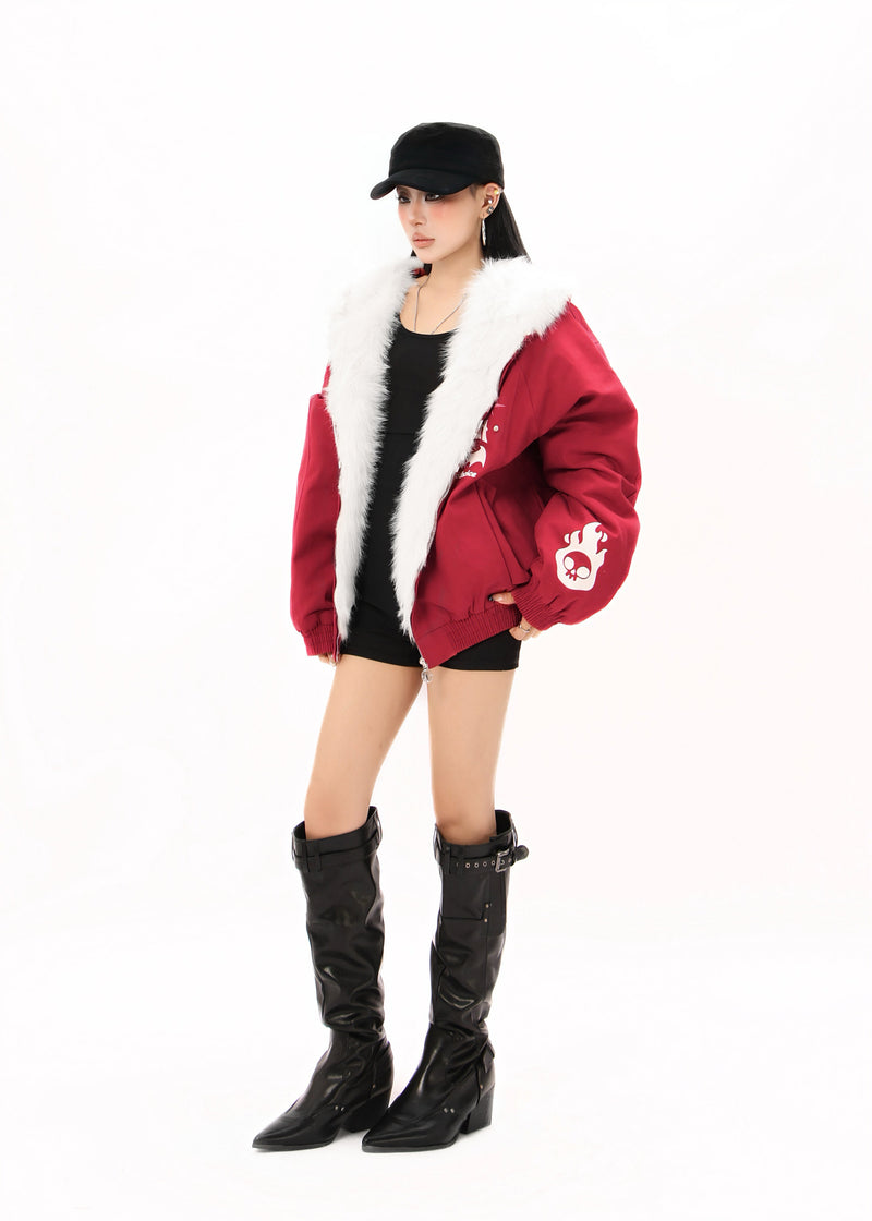 Faux Fur Collar Quilted Bomber Jacket | Streetwear Graphic
