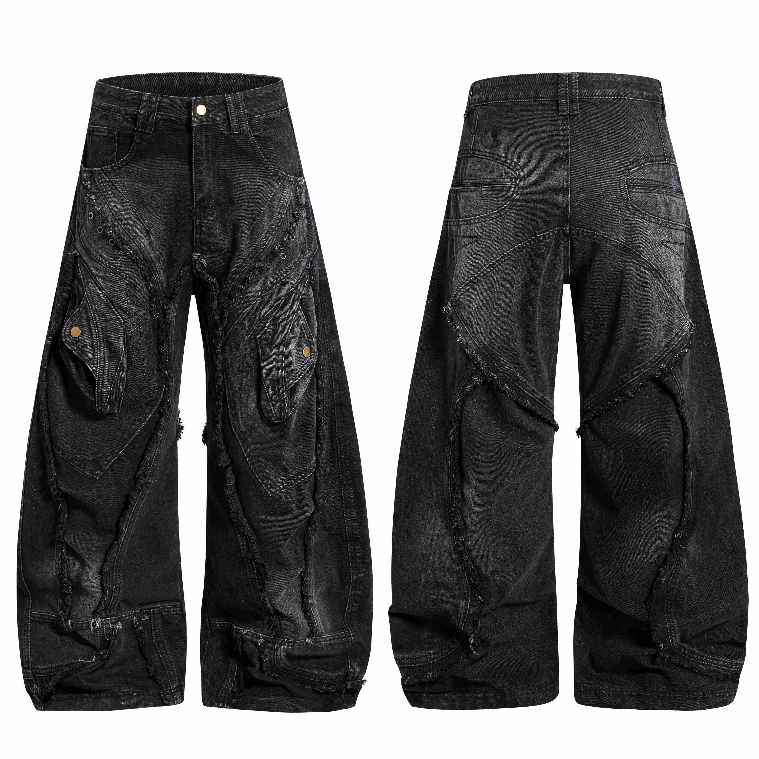 Front and back view of black distressed wide-leg denim jeans with raw-edge panels and oversized cargo pockets