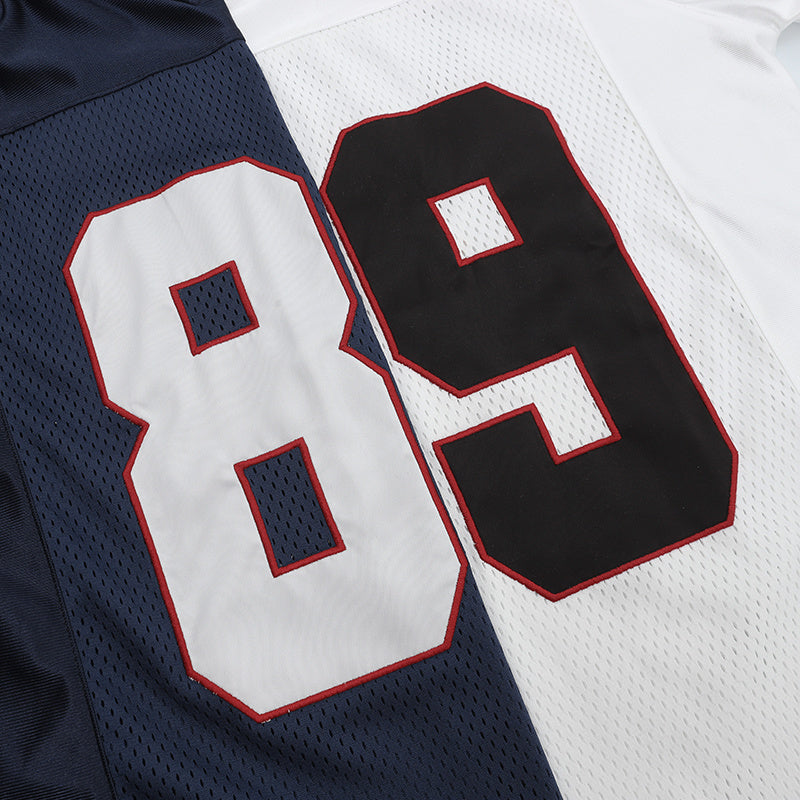 Oversized football jersey with large 83 graphic in navy, white, and black streetwear style