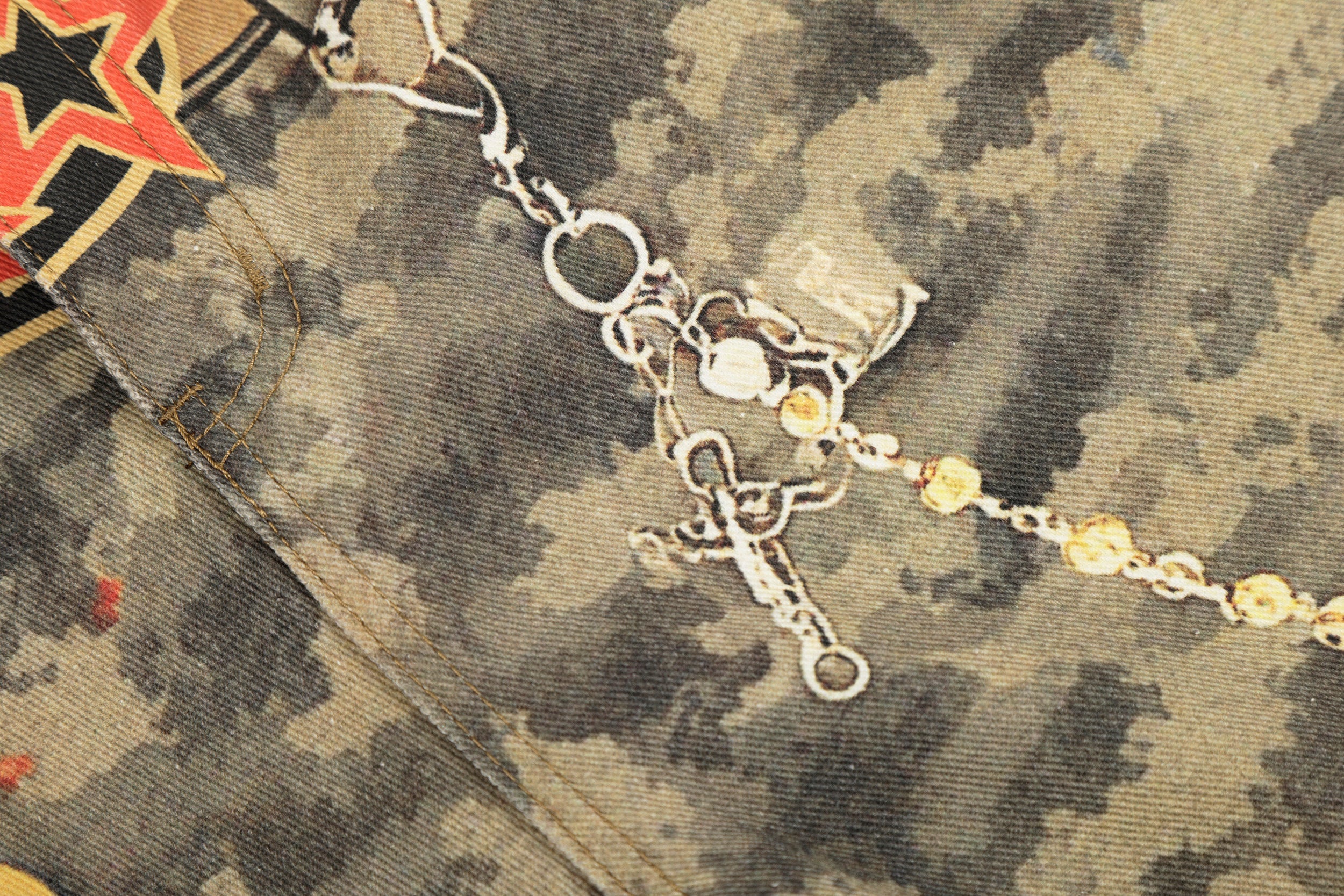 Camo Patchwork Wide-Leg Denim Pants with Chain Detail