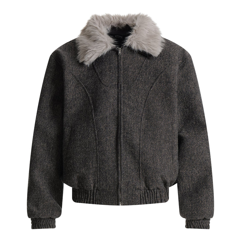 Faux-Fur Collar Wool-Texture Bomber Jacket | Omirad