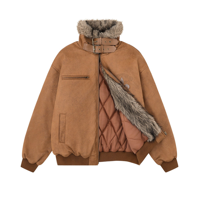 Fur-Collar Buckle Bomber Jacket | Suede-Look Winter Coat