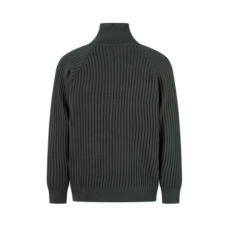 Back view of dark ribbed knit sweater with high collar and long sleeves