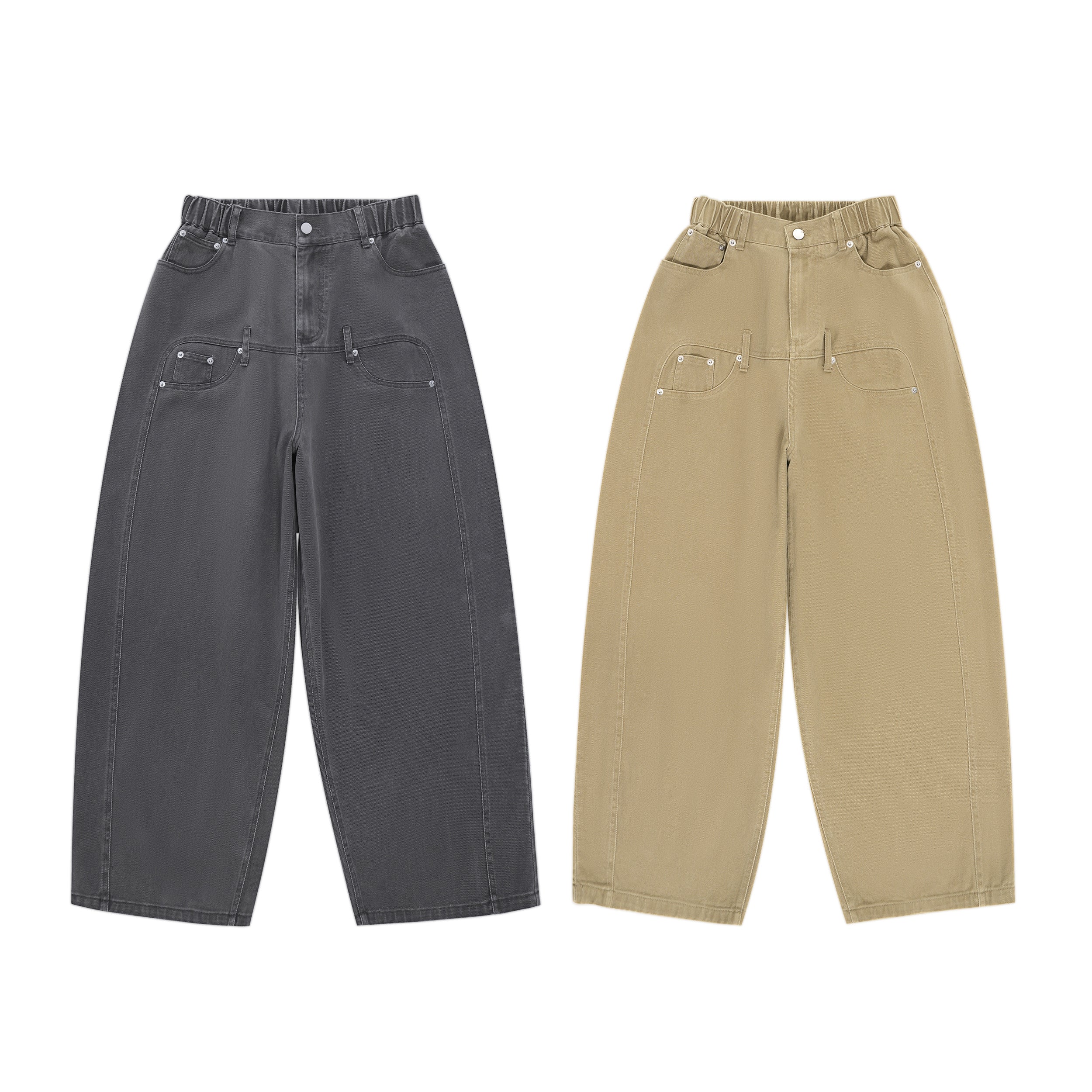 Omirad high-waist wide-leg denim pants in washed charcoal grey and khaki, flat lay on white background